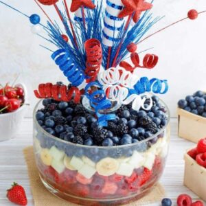 Fourth of July fruit salad with decorations.