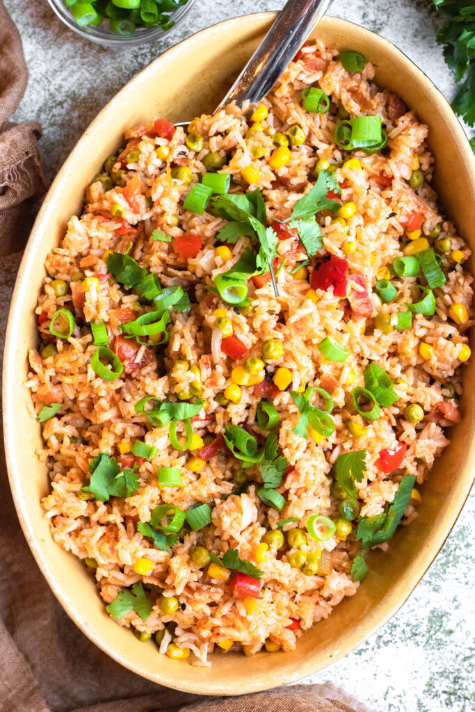 Pigeon Peas and rice in a serving platter.